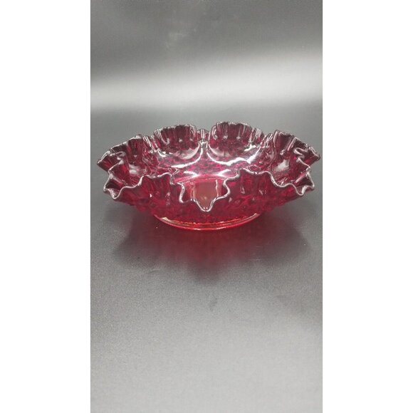 Fenton Hobnail Ruby Red Amberina Glow Ruffle Glass Candy Dish - Picture 4 of 16